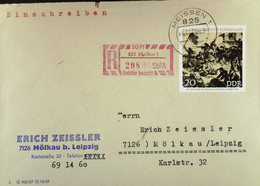 DDR: R-Fern-Brf Mit Selbstbed.-R-Zettel 50 Pf 825 Meißen 1 (298)-mit Einliefgschein 5.11.71 Mit 20 Pf 100 J. Pariser Kom - Aangetekende Etiketten