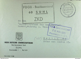 Fern-Brief Mit ZKD-Kastenstempel "FDGB-Bezirksvorstand 60 SUHL" 26.5.65 An Zentralvorstand Der Gewerkschaft Berlin - Service Central De Courrier