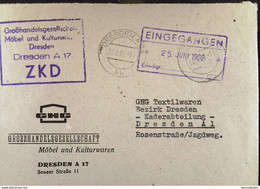 Orts-Brief Mit ZKD-Kastenstpl. "Großhandelsgesellschaft Möbel Und Kulturwaren Dresden A 17" 23.6.62 An GHG Textilwaren - Centrale Postdienst