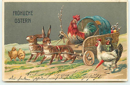 N°21478 - Carte Gaufrée - Fröhliche Ostern - Coq Dans Une Charette Tirée Par Des Lièvres - Pasqua