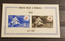 ROMÂNIA RED CROSS 1943 BLOCK  IMPERFORED FILIGRAN  LYING DOWN AND VAL 20+80 LEI BLACK MOVED ERROR RRR NO GUM - Varietà & Curiosità