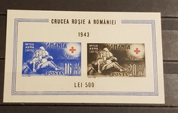 ROMÂNIA RED CROSS 1943 BLOCK IMPERFORED FILIGRAN & VLA 20+80 LEI COLOR BLACK MOVED NO GUM - Errors, Freaks & Oddities (EFO)