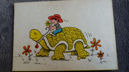 CPSM TORTUE FLEURS PETIT GARCON SUR SA CRAPACE  DESSIN ILLUSTRATEUR  JACKY HUMOUR AUTOCOLLANT - Schildpadden