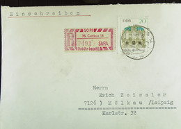 DDR: R-Fern-Brf Mit Selbstbed.-R-Zettel 50 Pf 75 Cottbus 14 (491)-mit Einliefgschein 31.3.69 Mit 20 Pf Dresdner Zwinger - Etichette Di Raccomandazione