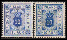 1878. ISLAND. Official. Aur-issue. 10 Aur Both Shades. Perf. 14x13½ Hinged. Rare.  (Michel D 5A A+b) - JF526563 - Servizio