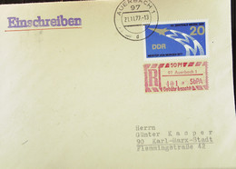 DDR: R-Fern-Brf Mit Selbstbed.-R-Zettel 50 Pf 97 Auerbach 1 (401 A)-mit Einliefgschein 21.11.77 Mit 20 Pf Li Aufst Raket - Labels For Registered Mail