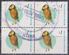 Argentine YT 1889 Mi 2266 Année 1995 (Used °) Animaux - Oiseaux - Chouettes - Hiboux (Bloc De 4) - Used Stamps