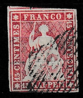 Suisse 1854-1862 15Rp Yv. 28c  MiNr. 15 Papier Mince, Dünes Papier Mit Grünen (vert) Seidenfaden. - Gebraucht