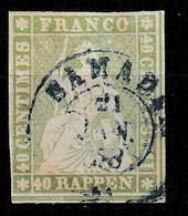 Suisse 1854-1862 40Rp Vert-jaune, Grün-Gelb Yv. 30b  MiNr. 17 Mit Grünen (vert) Seidenfaden. - Gebraucht