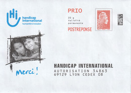 FRANCE Enveloppe Entier Postal Marianne D'YZ (street Artist) Prio 20 G Handicap Intertnational - Kaarten/Brieven Antwoorden T