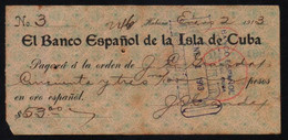 CUBA CHECK  EL BANCO ESPAÑOL DE LA ISLA DE CUBA 02/01/1913 HABANA - Schecks  Und Reiseschecks