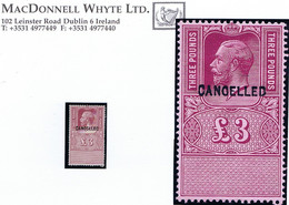 GB Revenues George V Keytype £3 Claret Unappropriated Die, Perforated Proof With Type 24 CANCELLED Mint - Fiscale Zegels