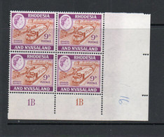 RHODESIA & NYASALAND  - 1959 - 9d RAILWAYS CORNER BLOCK OF 4  MINT NEVER HINGED SG CAT £48 - Rhodesia & Nyasaland (1954-1963)