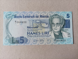 Billete De Malta De 5 Liri, Año 1986, Nº Bajisimo 000422, UNC - Malta