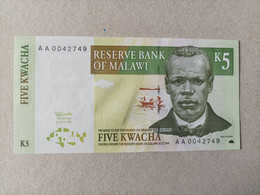 Billete De Malawi 5 Kwacha, , Nº Bajisimo, Serie AA0042749, UNC - Malawi