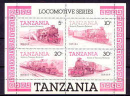 TANZANIA 1985 Locomotive Superb U/M MS, Very Rare MAJOR ERROR & VARIETY: Missing Colors (only Purple And Black Available - Tansania (1964-...)