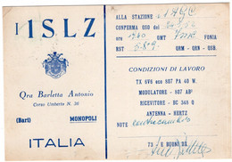 CB - MONOPOLI - BARI - I 1 S L Z  - ITALY - PUGLIA - CARTOLINA QSL FG SPEDITA NEL 1952 MONOPOLI-CESENA - CB-Funk