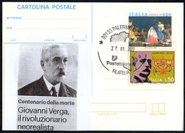 ITALIA PALERMO 27.01.2022 - CENTENARIO DELLA MORTE DI GIOVANNI VERGA - POSTAL STATIONERY - Ecrivains