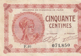 Billet De Nécessité - CHAMBRE DE COMMERCE De PARIS  - CINQUANTE CENTIMES 1920 - Sonstige – Europa