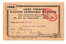 VP21.196 - PARIS 1940 - Carte De La Ligue Féminine D'Action Catholique Française / Comité De CAMBRAI - Religion & Esotérisme