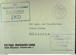 Fern-Brief Mit ZKD-Kastenst. "VEB Polygraphische Maschinenteile 1546 STAAKEN" 23.4.68 An Lack- Und Druckfarben Coswig - Centrale Postdienst