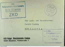 Fern-Brief Mit ZKD-Kastenst. "VEB Polygraphische Maschinenteile 1546 STAAKEN" 23.4.68 An Lack- Und Druckfarben Coswig - Service Central De Courrier