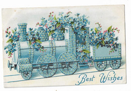 Postcard, Best Wishes, Novelty Art Series, Railway Train, Flowers, 1909. - Souvenir De...