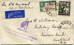 FIDJI LETTRE PAR AVION AVEC CACHET " FIRST TRANSPACIFIC AIR MAIL SUVA FIDJI TO AUCKLAND N.Z. " DEPART SUVA 9 NOV 41..... - Fiji (...-1970)