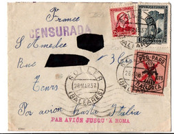 Soller Baleares 1937 - Vignette Pro-Paro Mallorca - Lettre  - Censura Censure - Griffe Par Avion Jusqu'à Roma - Nationalists Censor Marks