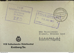 Fern-Brief Mit ZKD-Kastenst. "VEB Volltuchwerke Rödelbachtal Kirchberg Kr. Zwickau" 12.7.62 An GHG Textilwaren Dresden - Centrale Postdienst