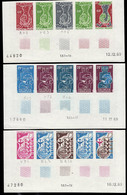 FRENCH POLYNESIA(1970) Stylised Polynesians. Globe. Jet. Set Of 3 Trial Color Proof Strips Of 5. Yvert Nos 77-9. - Sin Dentar, Pruebas De Impresión Y Variedades