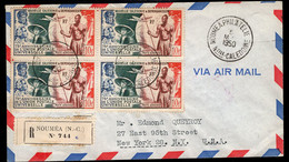 NEW CALEDONIA(1950) 75th Anniversary. Scott No C24. Yvert No PA65. Block Of 4 On Registered Cover To The United States. - Cartas & Documentos