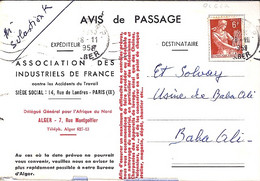 TYPE MOISSONNEUSE N° 1115 SUR CP COMMERCIALE (AVIS DE PASSAGE) DE ALGER/28.11.58 - 1957-1959 Moissonneuse