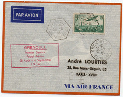 Grenoble,1er Service Postal Aérien Pour Paris,28 Aout 36,timbre N°8 Seul - Usati