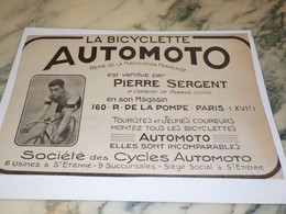 ANCIENNE PUBLICITE PIERRE SERGENT BICYCLETTE  AUTOMOTO 1920 - Motos