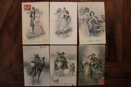 AK 1900's Lot De 6 CPA Femmes élégantes Couple Heureuse Année Illustrateur M M VIENNE Litho Voyagées Autriche - Vienne