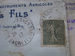 Semeuse 15c N°130 Perforé E.P. & F. Emile PUZENAT & Fils Manufacture Machines & Instruments Agricoles Bourbon Lancy 1917 - Cartas & Documentos