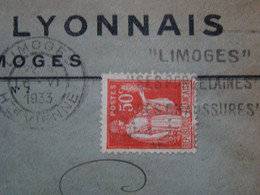 Paix 50c N° 283 Perforé C.L. Crédit Lyonnais Sur Lettre Enveloppe 1933 Limoges Pour Darnac - Brieven En Documenten