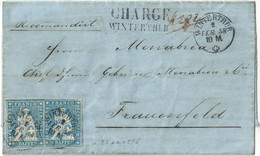 SVIZZERA RACCOMANDATA DA WINTERTHUR (LINEARE + CHARGE) COPPIA FRANCOBOLLI Rp. 10 HELVETIA SEDUTA 2.2.1858 - ZUMSTEIN 23 - Brieven En Documenten