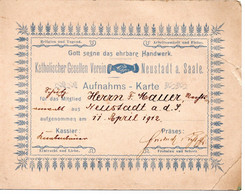 62519 - Deutsches Reich - 1912 - Aufnahmekarte Fuer Den "Katholischen Gesellen Verein Neustadt A. Saale", Re Riss & Bug - Historical Documents