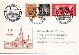 62531 - Schweden - 1955 - 10o. Volksschule MiF A Bf M SoStpl MALMOE - 50 JAHRE SFF -> DDR - Storia Postale