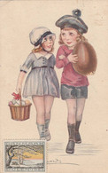 ILLUSTRATEUR SIGNE ? DEUX JEUNES FILLES AVEC DES OEUFS POSTEE DANEMARK DANMARK 1925 KOBENHAVN COPENAGUE - Ostern