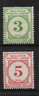 MALAYA - MALAYAN POSTAL UNION 1945 3c, 5c POSTAGE DUES SG D8, D9 UNMOUNTED MINT Cat £16.50 - Malayan Postal Union