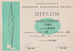 Ceskoslovensko - Ustredni Radioklub Praha - Diploma - Diplom - Theo Gheorghe - Romania (1965) - Diploma & School Reports