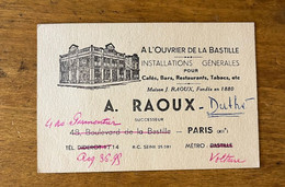 Paris 12ème * A L'Ouvrier Des La Bastille Cafés Restaurants Tabacs A. RAOUX 48 Bd Bastille * Carte De Visite Ancienne - Paris (12)