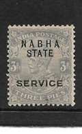 INDIA - NABHA 1913 - 1923 3p PALE GREY OFFICIAL SG O39a  MOUNTED MINT Cat £2.50 - Nabha