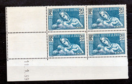 France  419 Se Détachebande Inf Bloc De 4 Coin Daté 11 1 39 Neuf ** TB MNH Sin Charnela Cote 25 - 1930-1939