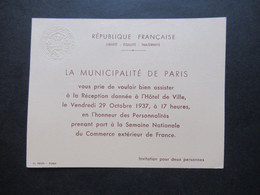 Frankreich 1937 Originale Einladungskarte La Municipalité De PARIS Semaine Nationale /Prägung Conseil Municipal De Paris - Historische Dokumente