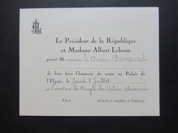 Frankreich 1937 Originale Einladungskarte Le President De La Republique Et Madame Albert Lebrun / Palais De L'Elysée - Historical Documents