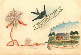 CPA Peinte à La Main Illustrateur A.B. 1915 * Anniversaire * Aquarelle Aquarellée * Maison Fleurs Oiseau - Other & Unclassified